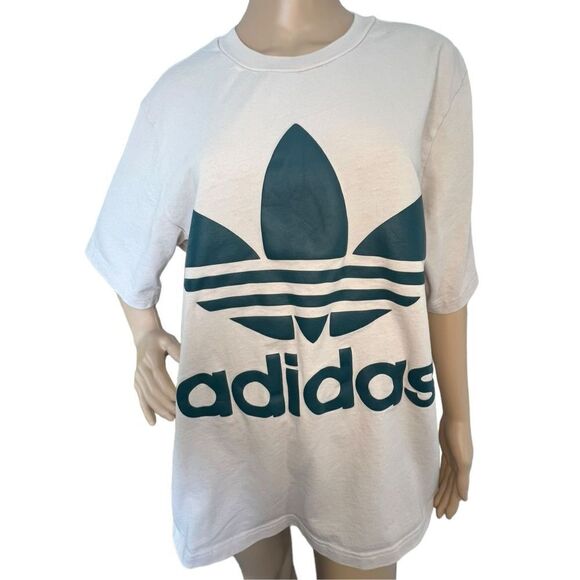 Adidas Cream Color Short Sleeve Oversized T-Shirt With Teal Logo - Picture 1 of 5